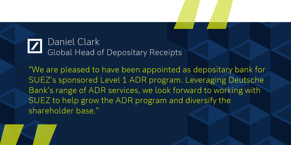 DBCorporateBank's tweet photo. French environmental services company SUEZ has appointed @DeutscheBank as a depositary bank for its sponsored Level 1 American Depositary Receipt programme: https://t.co/iLm1Playba
#YourCapitalMarketsPartner #TrustAndAgencyServices
#DepositaryReceipts #ADR #Sustainability https://t.co/Y3CXn8x0Nl