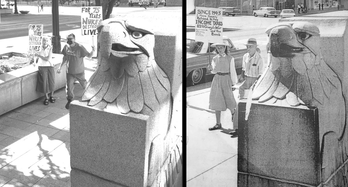AchorusAmorfus's tweet photo. #codeGREENpostNUCLEAR means we must stop the federal budget for nuclear industries that have been killing humans and others for 75 years. Mary & Ammon picketed in 1961. Joan & Pegasus picket in 2020. #NorthropGDirt https://t.co/InjWx14mqH