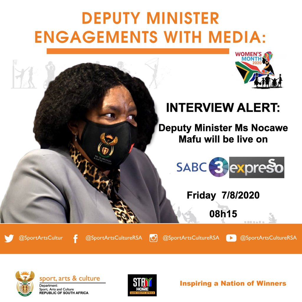 SportArtsCultur's tweet image. #InterviewAlert: Dep. Minister @MafuNoncedo will be live on @SABC3 @expressoshow at 8:15 this morning. #IamGenerationEquality #womensmonth2020 #WomensDay #WomandlaInSport #WonandlaInArts #WomandlaInFitness