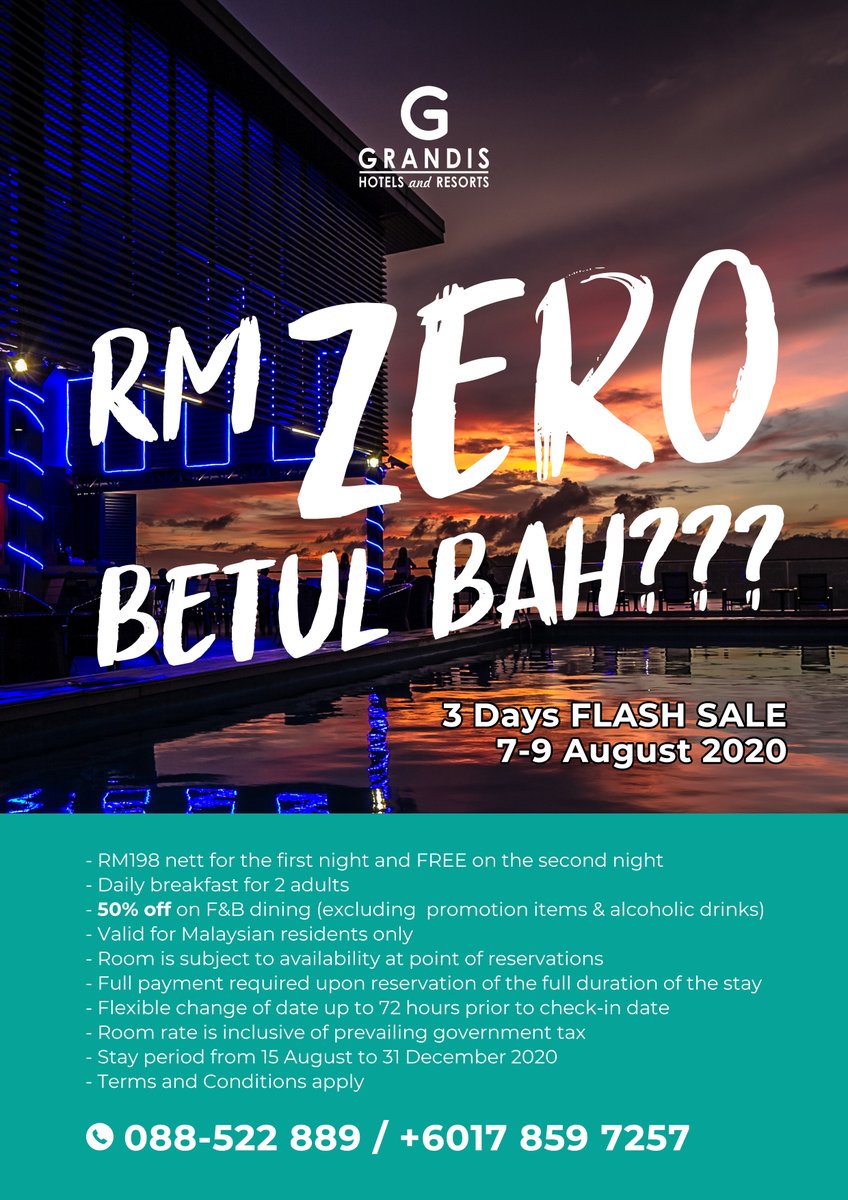HotelGrandis's tweet photo. โก๏ธ FLASH SALE โก๏ธ 3 DAYS ONLY! (7/8 - 9/8)
Stay one night and get one night FREE ๐ฑ BETUL BAH??
OMG betul oh...
#kkcity #kotakinabalu #hellosabah #hotelgrandis #betulbah https://t.co/PcYYXZKhdf