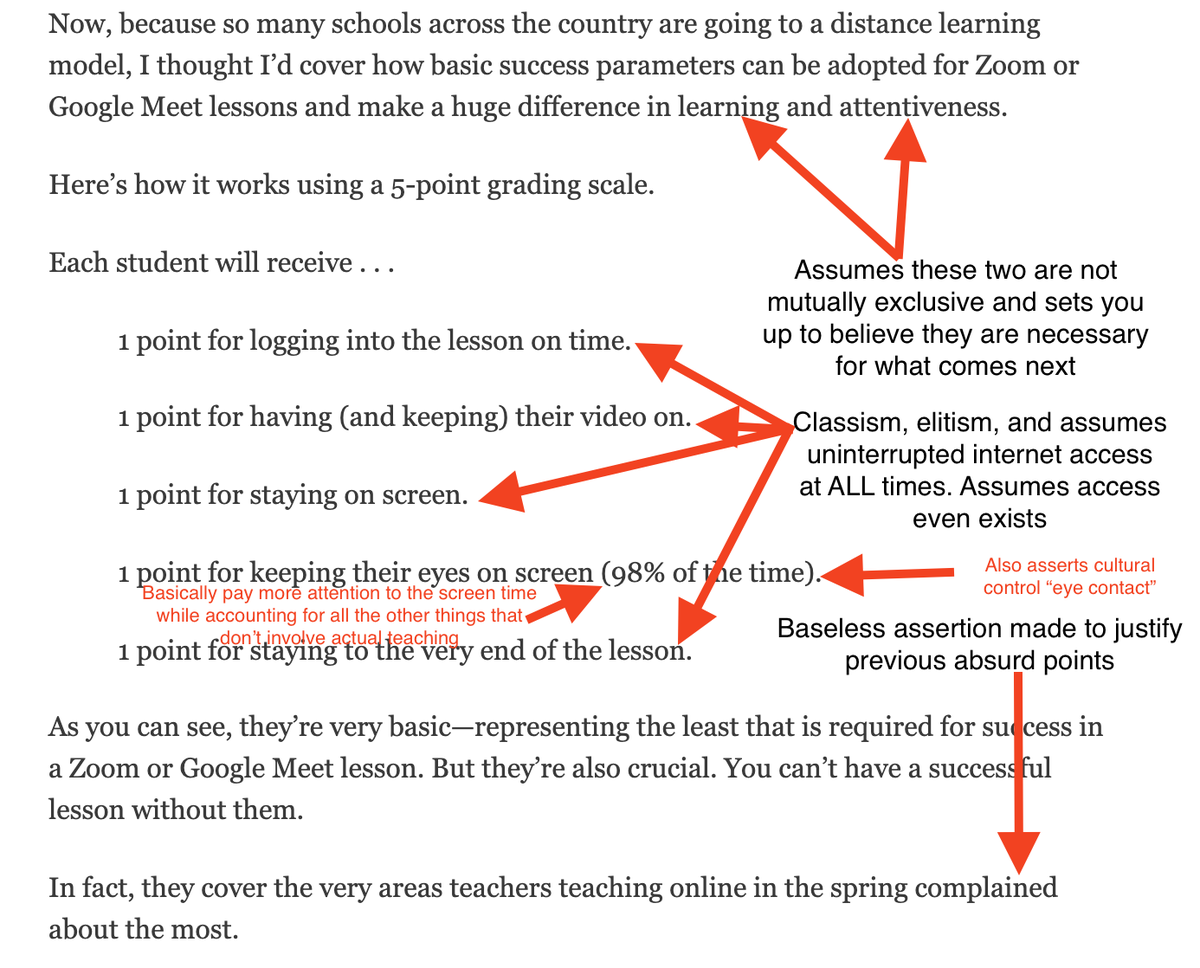 A post was shared with me about how to include "Screen Time" in a student's grading. While I will not post a link I did get a screenshot to annotate. No matter what, this is exactly what NOT to do!!  #techquity  #digitalequity  #culturalrelevance  #remotelearning