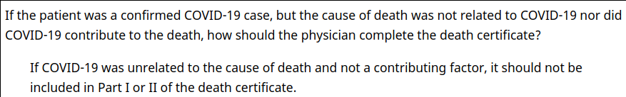 Example #2: pedestrian with covid dies after being hit by a bus; the certificate may look like:Part I: UNDERLYING cause: head traumaPart II: emptyCovid will NOT be listed anywhere because it did NOT contribute to the death (see also MSDH:  https://msdh.ms.gov/msdhsite/_static/14,22075,420,694.html)5/N