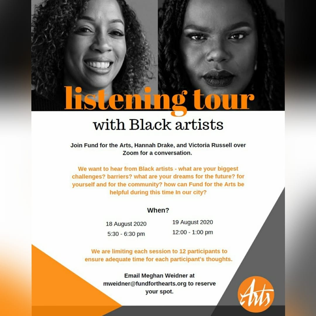 Louisville Black Artists, we want to hear from you! #ArtsandRaceEquityTaskForce #ListeningTour #Louisville
Join us - @hannahdrake628 <a href="/msvrussell/">Victoria Russell</a> &amp; <a href="/fundforthearts/">Fund for the Arts</a> 
Contact: mweidner@fundforthearts.org