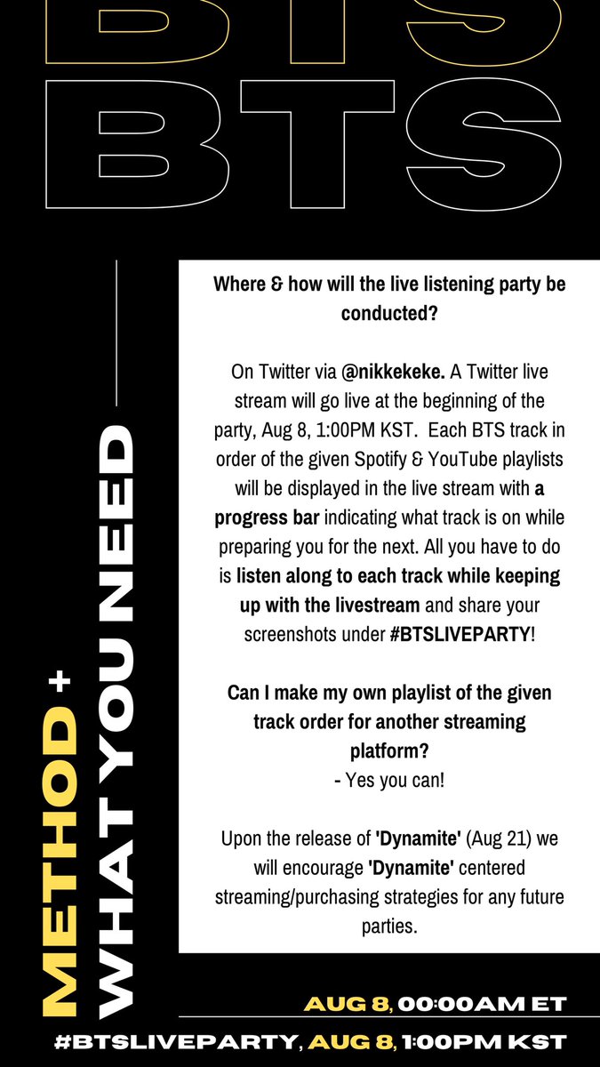 BTS Listening Party : The Live!

• Spotify: spoti.fi/3kgrdgp
• YouTube: bit.ly/3a3w1Rm
• Event time: bit.ly/3ihsbH5

A progress bar will indicate the progress of each song in a Twitter livestream during the listening party!

#ExaBFF #ExaARMY (@BTS_twt)