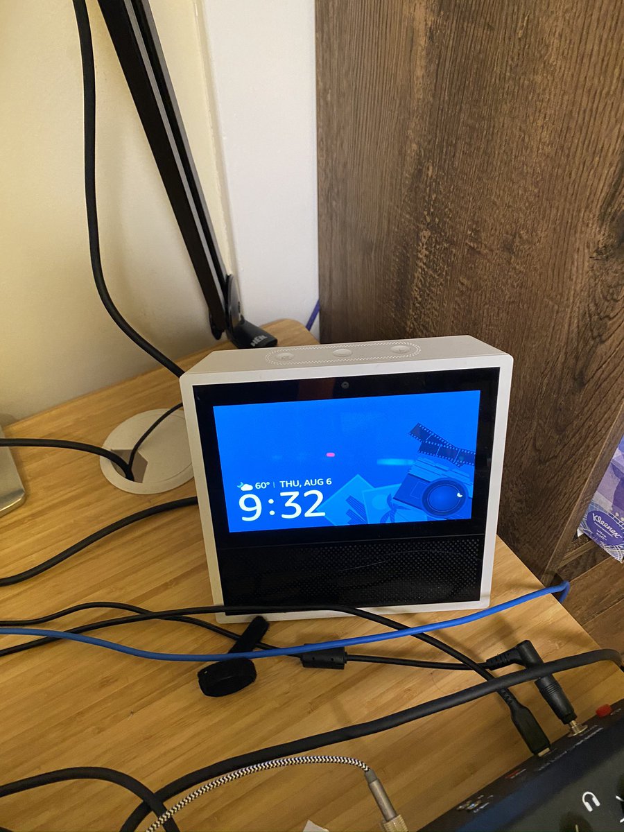 Here we have my  @alexa99 Echo Show. Its primary purpose is to mishear me when I'm recording and interrupt me. Amazon boasted 10K employees working on this. That's more a confession to my ears. It also controls the lighting, but we'll get there.