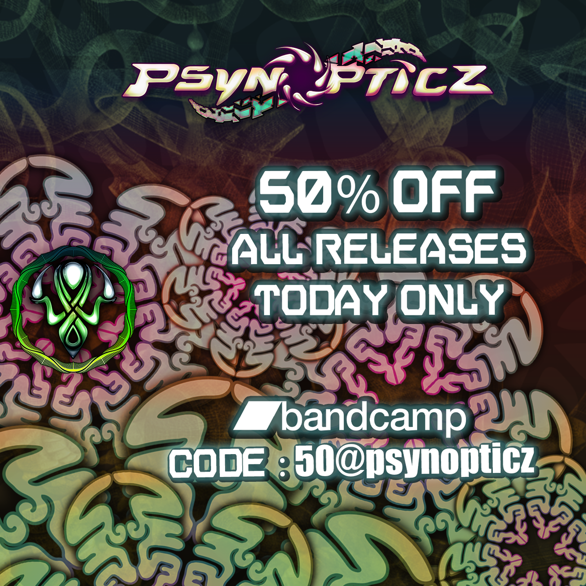 😈 50% OFF on FIRST FRIDAY'S SALE 😈 
We will be offering a 50% discount on any of our releases on the first Friday of every month from 8am-midnight!  buff.ly/3hOGnY3
Grab anything you want! CODE  👉 50@psynopticz

#bandcamp #sale #psytrance #psychedelictrance #psy