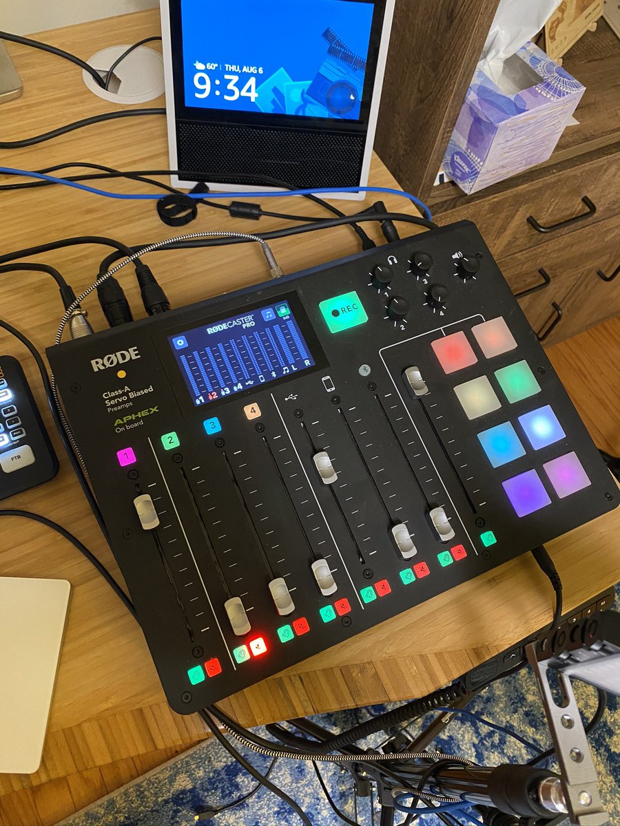 The mics are fed into a  @rodemics RodeCaster Pro. It has a lot of bells and whistles, is portable, and lets me do all kind of audio nonsense. It outputs via USB-C to the media computer.