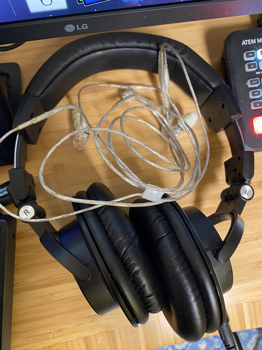 For my audio output, I either use the Audio-Technica ATH-M50X for pure podcast work, or the Shure 215 in-ear monitors for video work where they should be almost invisible.