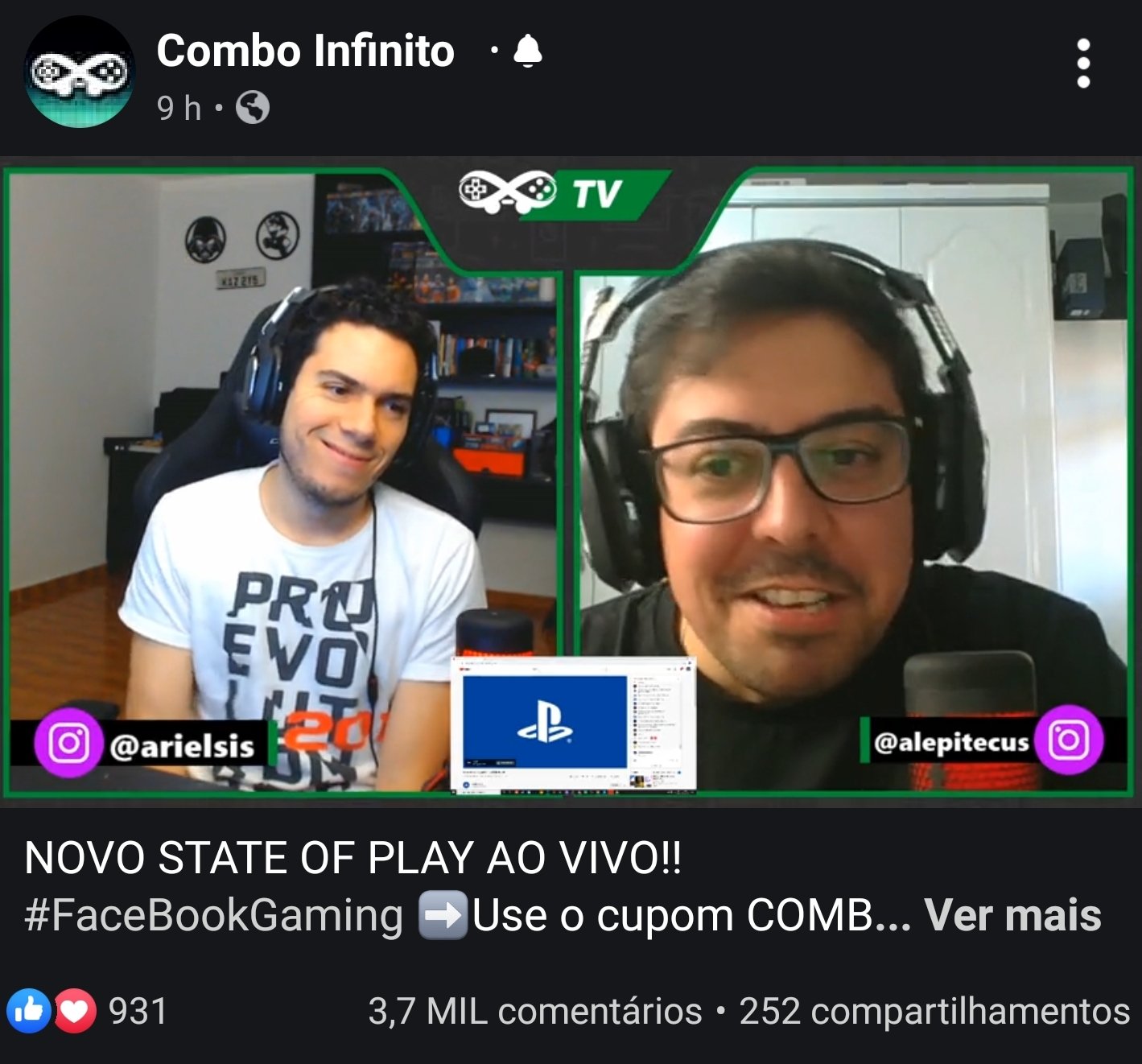 Ariel Combo on X: Tivemos um pico de quase mil pessoas em nossa Live do  State of Play no Face. Quando fazíamos lives no , chegamos a bater  mais 7 mil pessoas