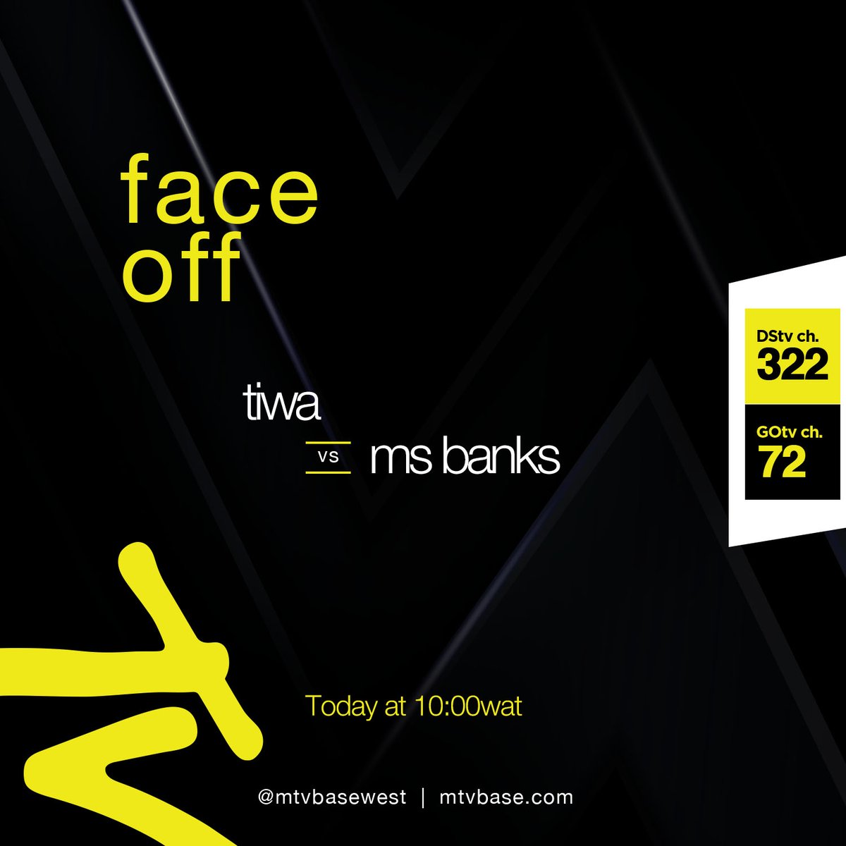 MTVBaseWest's tweet photo. Who are you reppinβ on todayβs #MTVbaseFaceOff between @TiwaSavage and @MsBanks ? Tweet at us using the hashtags #MTVbaseFaceOff #TeamTiwa or #MTVbaseFaceOff #TeamMsBanks and tune in to MTV base at 10:00 am to see your favs go head to head for 1 hour π― https://t.co/3D4S55FSZf