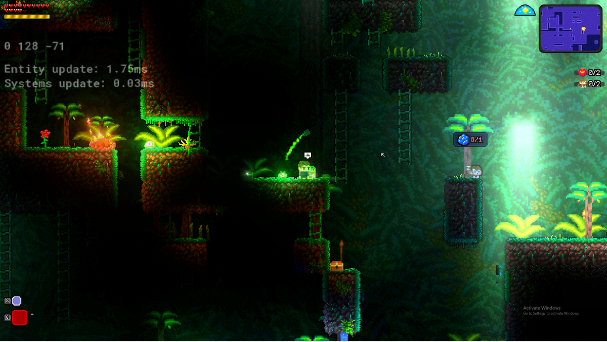 OctopusTophat's tweet photo. Lights can now have depth. So the sunlight coming through the leaves in the back affect the background a lot, but the terrain not so much. But items like torches work in reverse. I can have lights move in and out of the screen too. Looks really cool! #indiedev #pixelart #GMS2 https://t.co/ecfRun0kDx