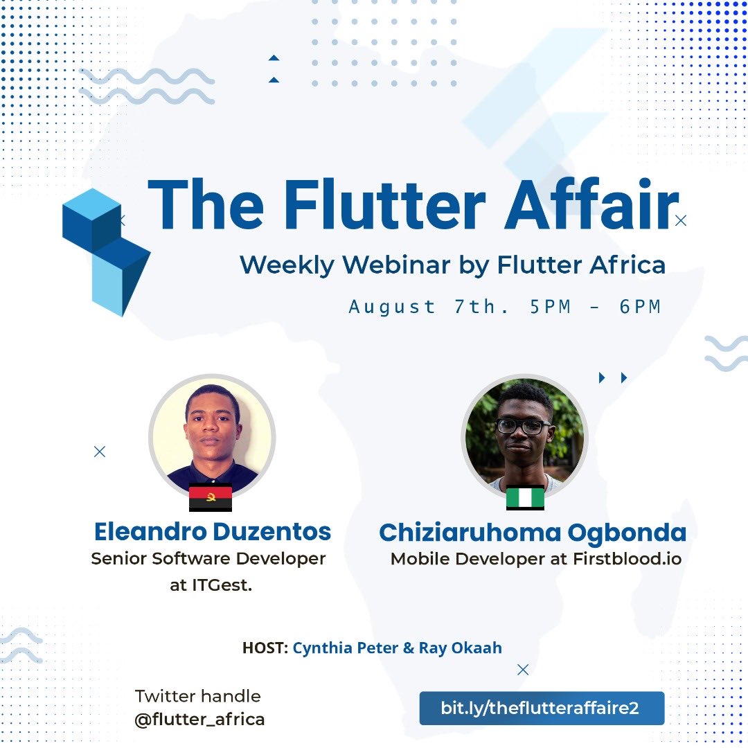 Flutter_Africa's tweet image. Just a quick reminder. Our third edition of The Flutter Affair will kick start in few hours time, 5-6 PM WAT (West Africa Time) don't forget to join us via Google Meet URL: bit.ly/theflutteraffa… #Flutter #FlutterAfrica @iam_e200 @chiziaruhoma