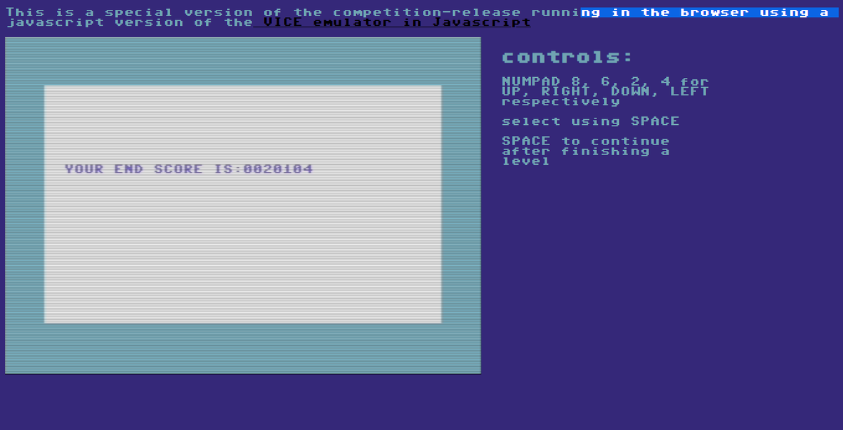 Goerp's tweet photo. I've made an online playable version of my #Craptastic2020 game https://t.co/XVVZGhwZyO. I used good old ViceJs https://t.co/cJh2NHh0j4
I playtested it and think I got a very good score. Try to beat that! @ResetC64 #c64 #Plazzle #goerp https://t.co/NoiRGsp2mo