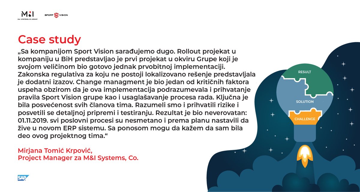 MISistem's tweet image. Ono čime se najviše ponosimo jeste činjenica da smo proteklih godina uz Sport Vision i projekte za ovu kompaniju profesionalno napredovali! #DigitalTransformation #SAP #SAPRollout #CaseStudy #RetailandFashion #SportVision