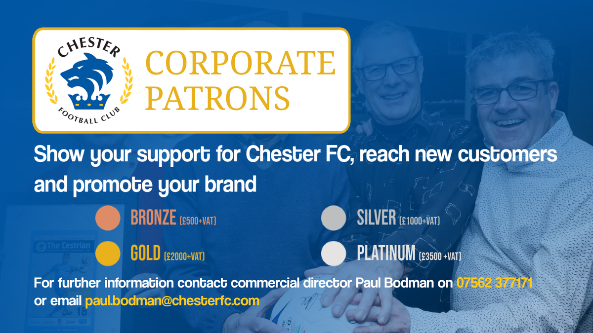 🏅 BREAKING: Calling all businesses, it's time to become a Corporate Patron!

Read the full story as #ChesterFC launch new commercial scheme for 20/21 👉 bit.ly/30AP6XZ

#InItTogether #UTS 🔵⚪️