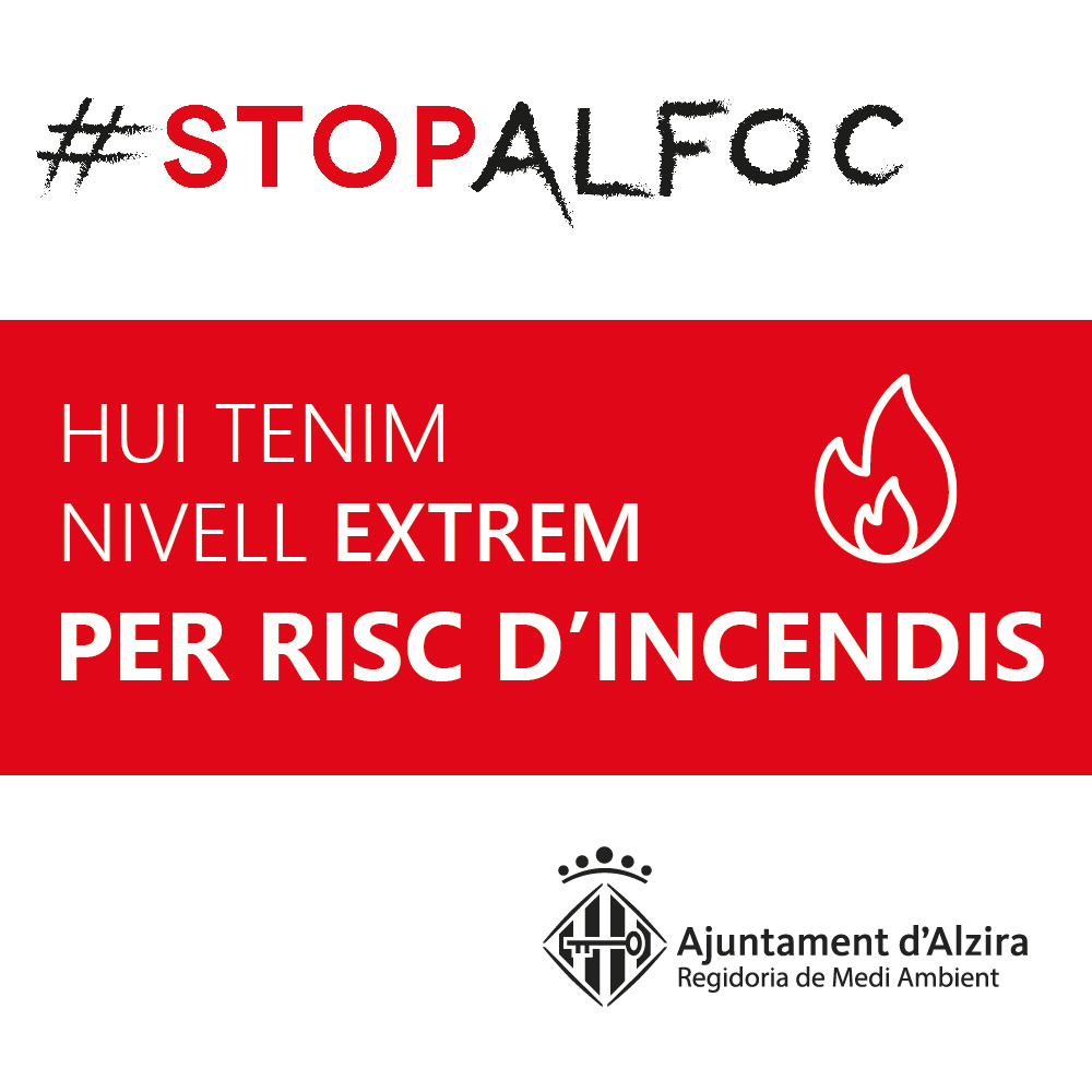 🚨Nivell de preemergència davant el risc d'incendis forestals.
🔥Hui tenim RISC EXTREM🔥
⛔️Recordem que La Murta esta tancada per risc a incendis.
‼️Si veus fum, telefona al ☎️1·1·2,