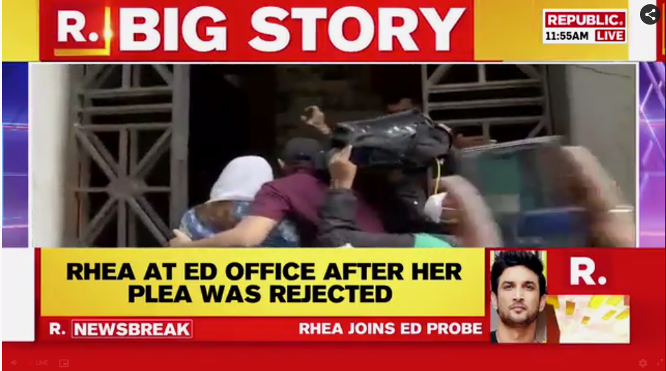 republic's tweet photo. #BREAKING | Rhea Chakraborty makes first public appearance, reaches ED office for interrogation. Watch LIVE here: https://t.co/RZHKU3wOei https://t.co/CunlnzMugh