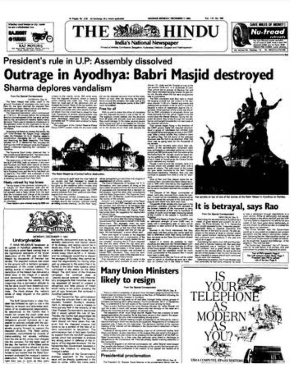 The Hindu on December 7 1992. A reminder for the Indian media that has developed a criminal,  historical amnesia.  Via <a href="/rkarnad/">Raghu Karnad</a>