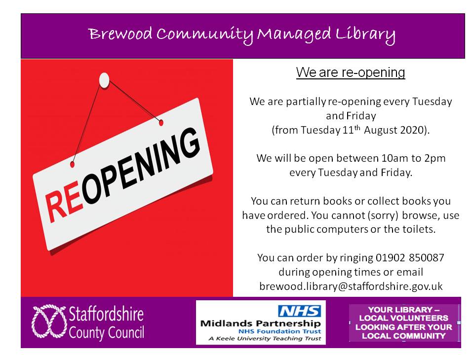 We're delighted that #BrewoodCommunityLibrary is beginning a phased re-opening from Tues 11 Aug! <a href="/mpftnhs/">Midlands Partnership University NHS FT</a> <a href="/StaffordshireCC/">Staffordshire County Council</a> <a href="/SCCCCM/">Chris Plant</a> <a href="/lisadee82682/">Lisa Dyke</a>