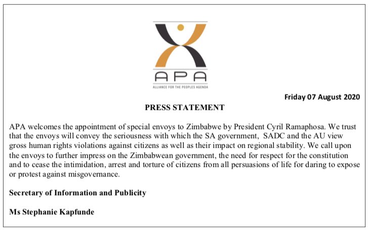 APA Statement on the appointment of special envoys to Zimbabwe by President @CyrilRamaphosa