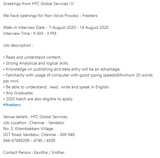 Mahi63098618's tweet photo. We have openings for Non Voice Process - Freshers

Walk-in Interview Date - 7Aug2020 - 14Aug2020
Interview Time : 9 AM-3 PM

Venue details : HTC Global Services,
Job Location : Chennai - Vandalur

Contact Person : Kavitha / Sridhar.
#MahiJobTweets https://t.co/qFLUqEXrVa