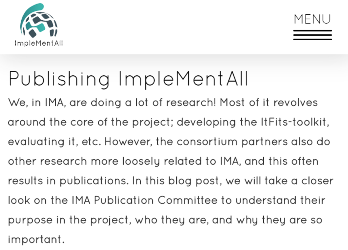 EU_ImpleMentAll's tweet photo. Are you curious to know more about #IMA publications and our publication committee? Vital parts of our dissemination efforts - and the subject of this blog post >>
https://t.co/qEchh8dtyf #impsci #eHealth #eMentalHealth #implementationFriday #blogpostoftheweek https://t.co/80vmMDaUcE