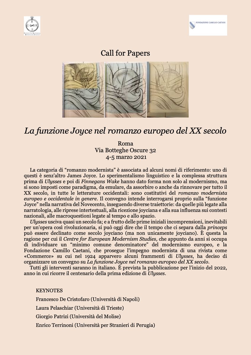 CEMSTUDIES's tweet photo. We're back!

Dearest all,
We're proud to announce we're back!

What: La funzione Joyce nel romanzo europeo del XX secolo

When: 4th - 5th March 2021 

Where: Via Botteghe Oscure - Rome

SUBMISSION DEADLINE: 30th October 2020 https://t.co/U9fdcC9jYn