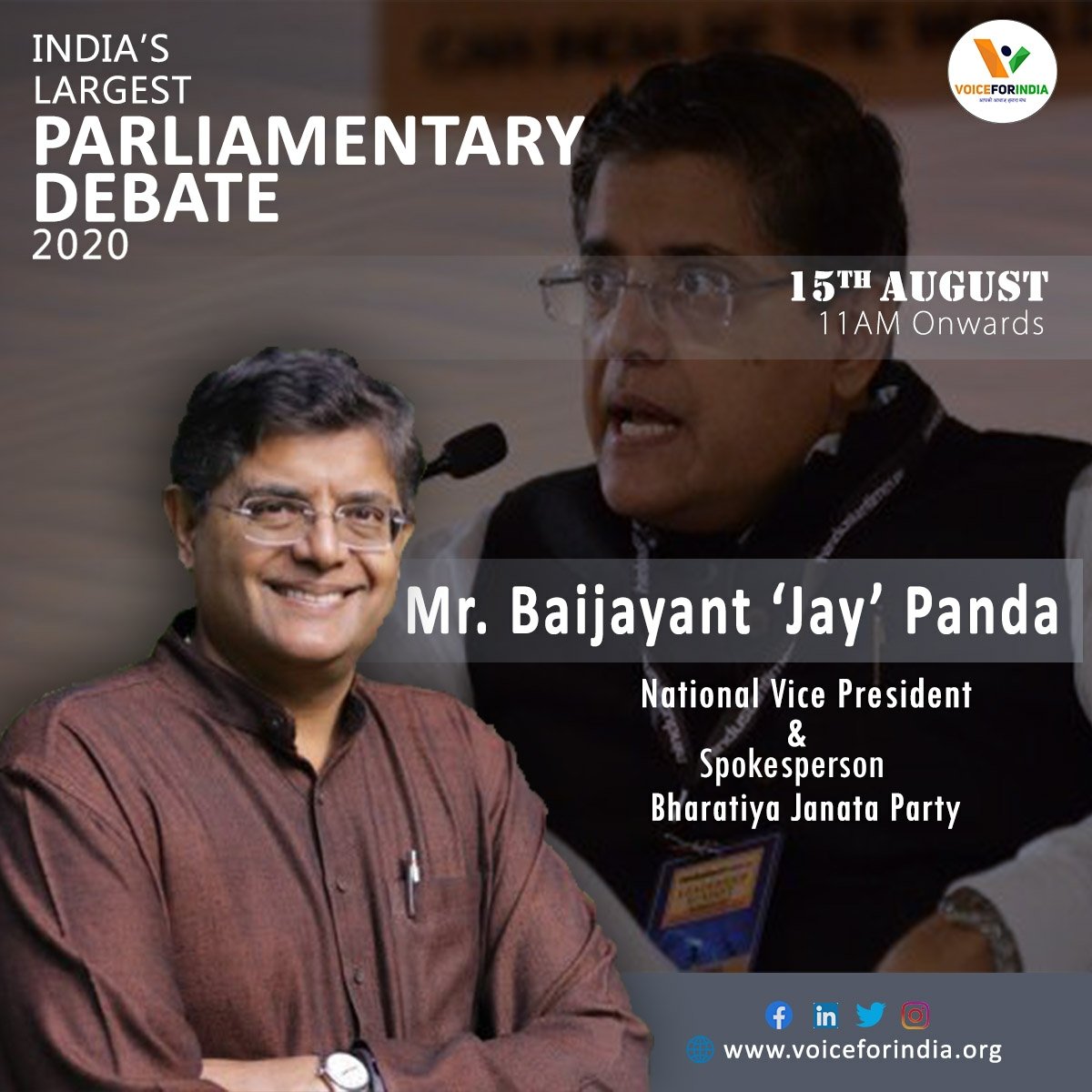 mp_office's tweet photo. .@PandaJay will be virtually participating in 'India's Largest Parliamentary Debate 2020' on 15th August, organised by @VoiceForIndia1.

Details for the event given in the link below:

Registration Form link:
https://t.co/ICB9RY0fHu

Website: https://t.co/v9ijjoj1Fd
#Voice4India https://t.co/RNGkCazkH3