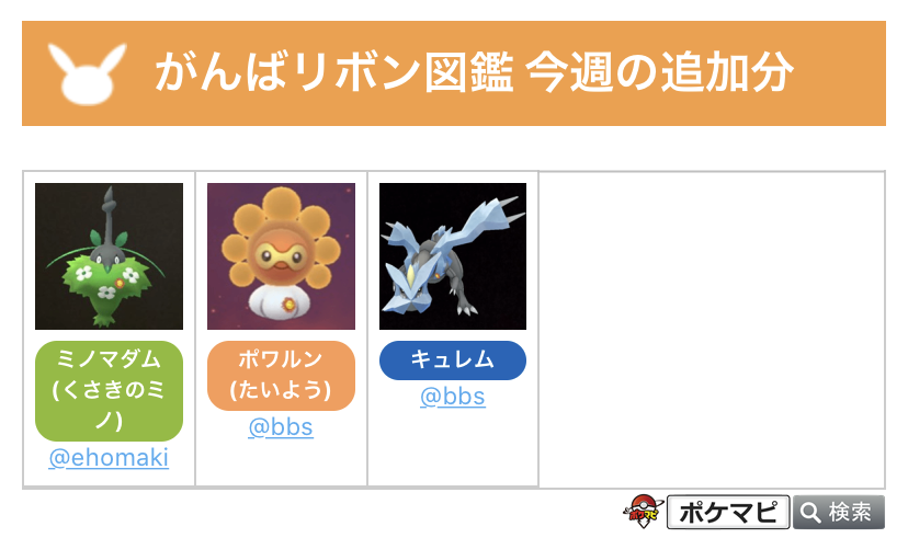 ポケモンgo攻略情報 ポケマピ がんばリボン図鑑 今週の追加分と現時点で 募集中 のポケモン一覧です ご協力ありがとうございます 引き続き 募集中 のポケモンの画像をお待ちしております リプ Dm 掲示板で受け付け中です 先着順 一覧