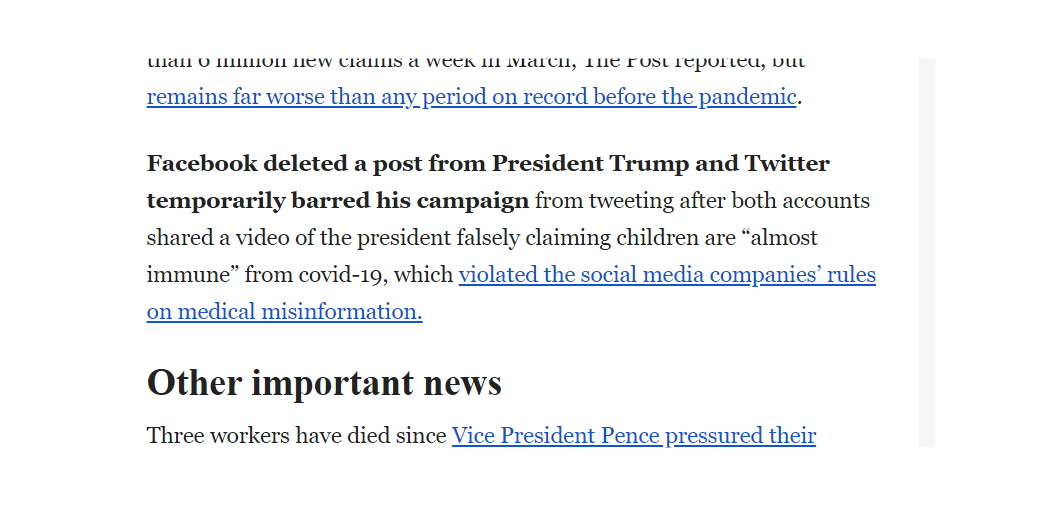 fish_in_a_hat's tweet image. Quick scroll through the @washingtonpost daily #COVID19 update this morning brought this to light!

Thanks @TwitterSafety !

Trump video showing him claiming that children are "almost immune to Coronavirus" deleted - and the campaign team banned from posting temporarily. 

#3.5%