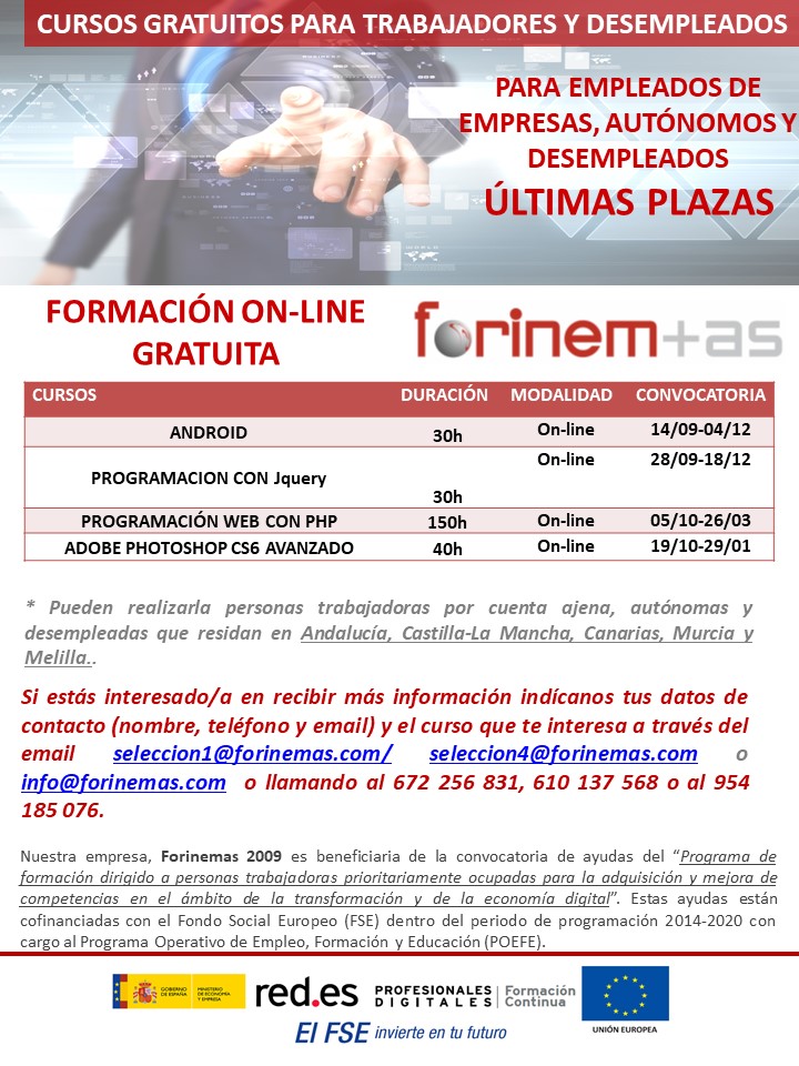 FORINEMAS's tweet photo. FORMACIÓN GRATUITA ONLINE para trabajadores, autónomos y desempleados de Andalucía, Murcia, Castilla-La Mancha, Melilla y Canarias. 
@redpuntoes

@_minecogob

@SEAvanceDigital
#FormaciónContinua #FSE https://t.co/7PoJDX2cLF