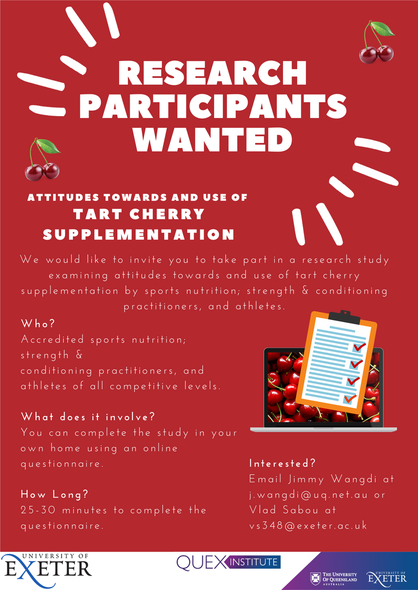 VS Nutrition (@vlad_sabou) on Twitter photo Seven days left to take part in our study investigating the use of tart cherry supplementation by sports nutrition and strength & conditioning practitioners and athletes. Links below.
exetercles.eu.qualtrics.com/jfe/form/SV_bs… (Practitioners Survey)
exetercles.eu.qualtrics.com/jfe/form/SV_9s… (Athletes Survey) Seven days left to take part in our study investigating the use of tart cherry supplementation by sports nutrition and strength & conditioning practitioners and athletes. Links below.
exetercles.eu.qualtrics.com/jfe/form/SV_bs… (Practitioners Survey)
exetercles.eu.qualtrics.com/jfe/form/SV_9s… (Athletes Survey)
