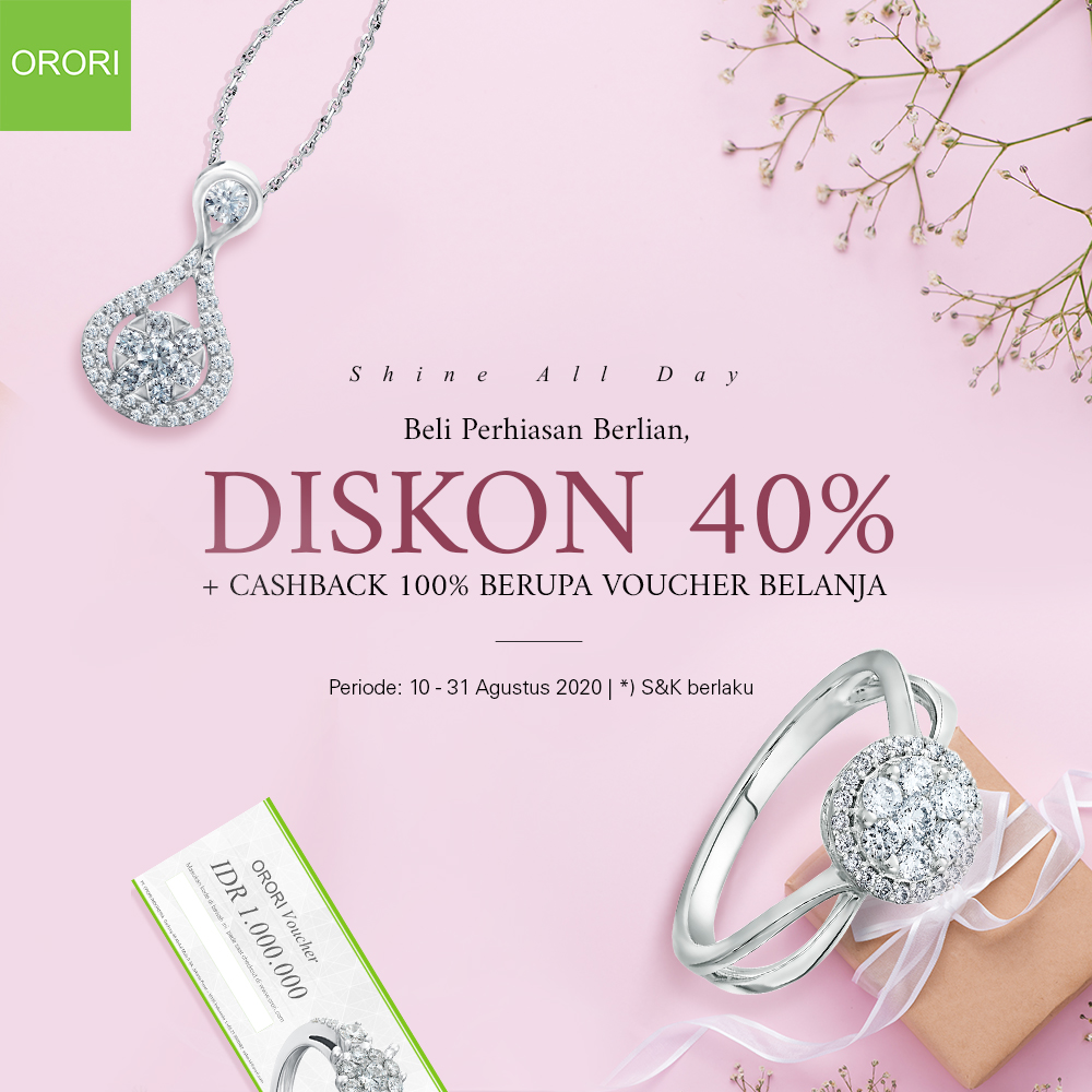 Selain dapat diskon 40%, kamu juga bisa dapat cashback 100% berupa voucher belanja perhiasan berlian! Yuk, pesan sekarang juga! Bisa tebus murah perhiasan gold plated juga, lho!

bit.ly/DJ40Agst-TW