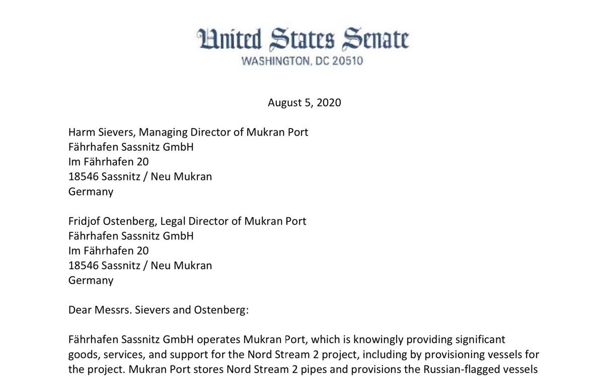 This letter from US senators threatening sanctions on a port in Merkel’s home district (h/t  @OlafGersemann) if Nord Stream 2 goes ahead has triggered another round dire warnings from the German kommentariat on long-term damage such tactics will do to trust in US (Short thread)1/5
