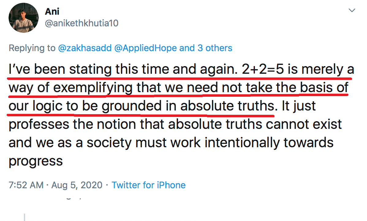 1/ This week woke academics dedicated themselves to arguing that 2+2=5 (they're still going, see screenshots)As that played out, a Medical Doctor had his life ripped apart and his job taken by a different group of woke academics.These two things are connected.A Thread/