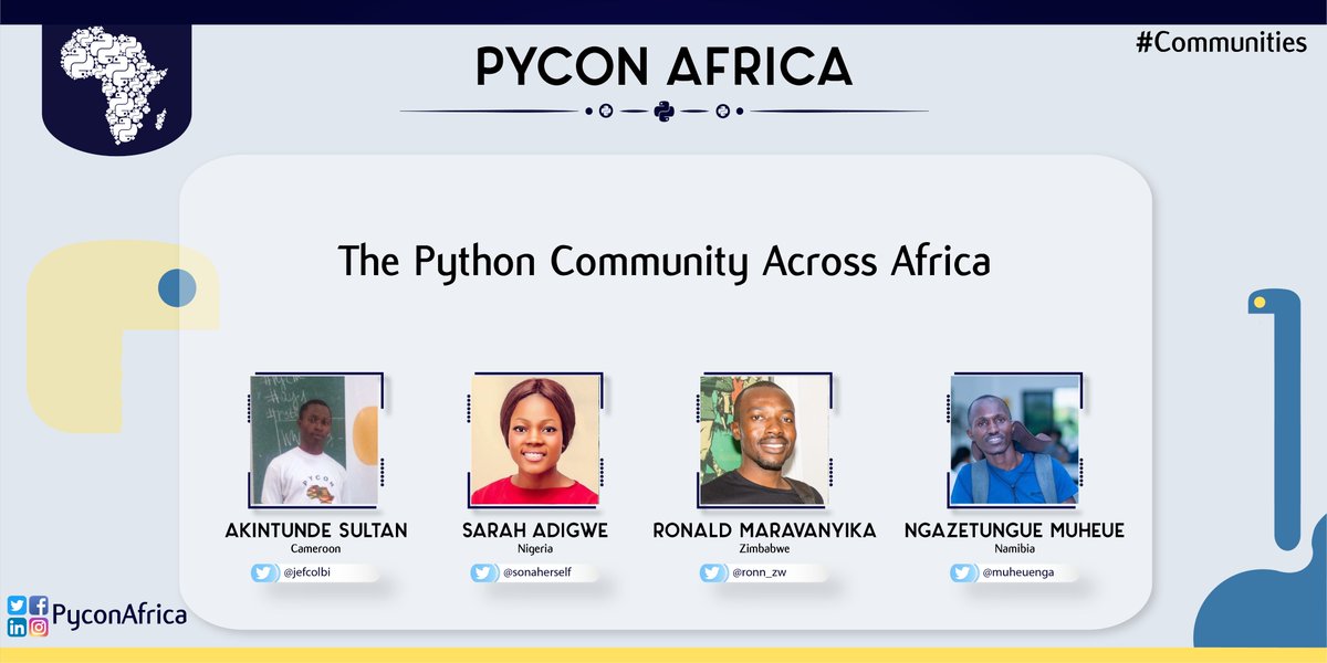 pyconafrica's tweet image. Happening now @jefcolbi, @sonaherself, @ronn_zw and @muheuenga share stories of their local Python communities.

#PyConAfrica20 #PyExciting