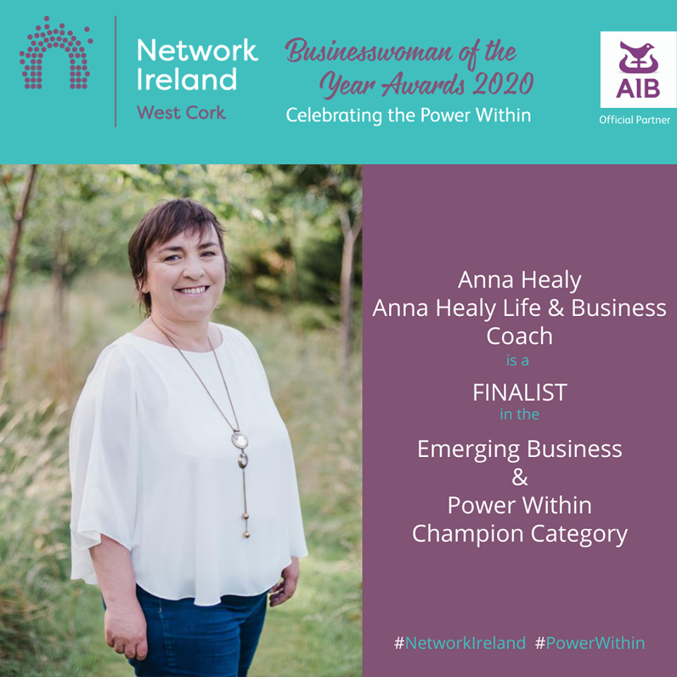 NetIrlWestCork's tweet photo. Wishing Network West Cork member Anna Healy of @AnnaHealyCoach the best of luck as a finalist in the Emerging New Business &amp; Power Within Categories at Network Ireland Businesswoman of the Year Awards 2020.  #NIWC20 #BeTheBestYou #NetworkIreland #backedbyAIB #powerwithin https://t.co/8ONrZyW4eY
