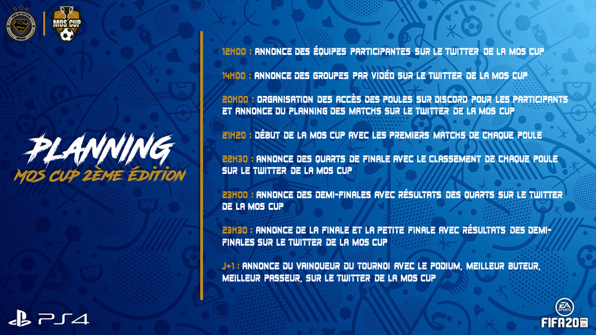 Bonjour à tous,

La MOS CUP c'est aujourd'hui ! 

Voici le planning de la journée alors restez connecté 💪