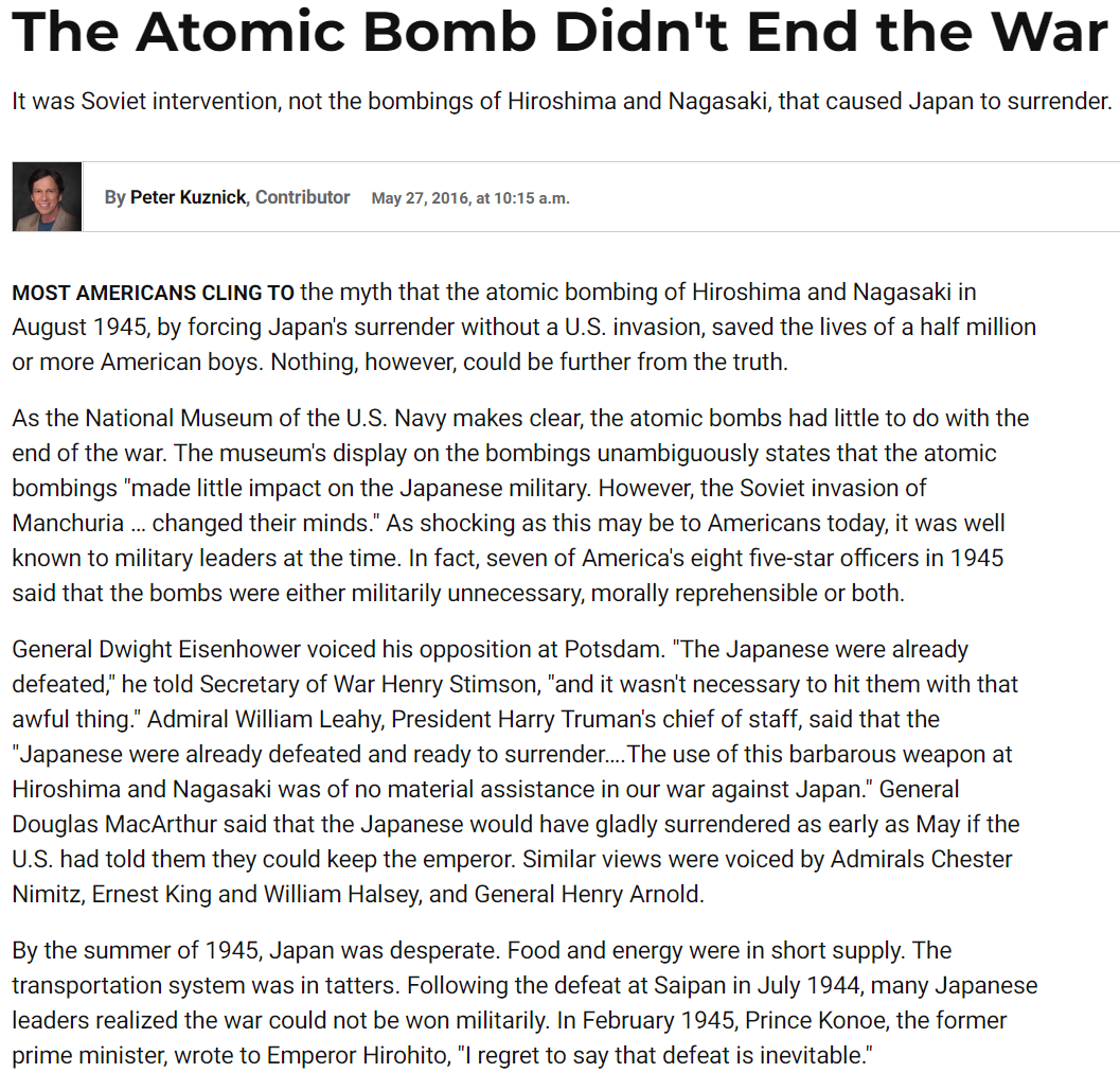 and though the soviet union declared war on august 8th, and the first bomb was dropped on the 6th, japanese intelligence knew soviets were transporting troops to the east in preparation for an invasion well before that, so their willingness to surrender came before the first bomb