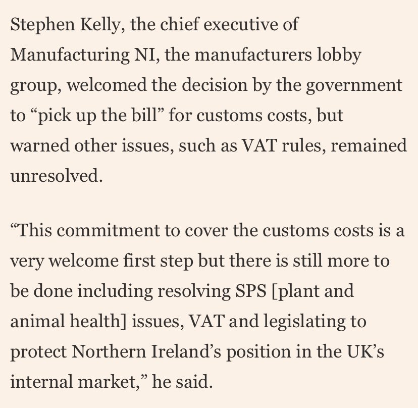 But as Stephen Kelly says there’s still lots of unanswered Qs - which are being thrashed out by negotiatiors, particularly on SPS (animal health and Export Health Certificates) and VAT implementation - Given NI is EU regime for goods, U.K. for services /3