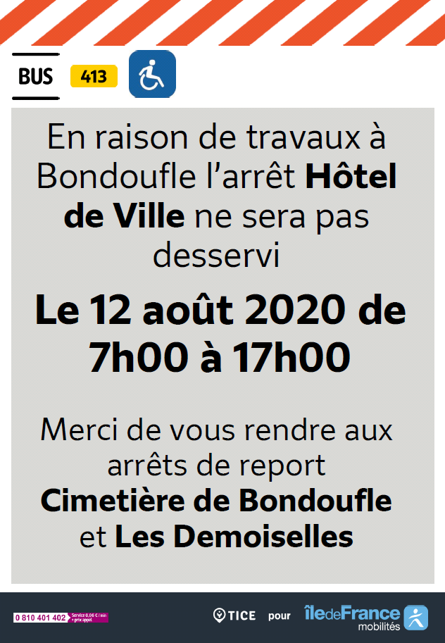 EvryEss_IDFM's tweet image. #Infotrafic 🚧 Des travaux sont prévus le 12 août. L'arrêt Hôtel de Ville ne sera pas desservi par les lignes #bus403 et #bus413. 🚌