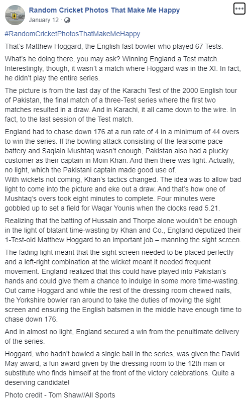 Since England and Pakistan are locking horns in what promises to be yet another exciting series, here's a thread of some stories from this cricketing rivalry that I had the pleasure of telling on my page.Starting today with Matthew Hoggard's top effort as 12th man in Karachi.