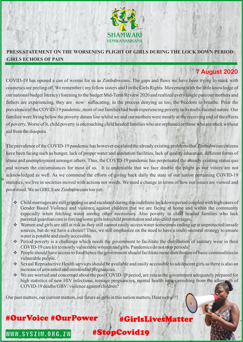 ShamwariyeMwana's tweet photo. Girls Rights Movement press statement on the worsening plight of girls during the #lockdown period. Read more as the girls call for action for their plight to be heard and addressed
#GirlsRightsMovement
#OurVoice #OurPower
#GirlsLivesMatter https://t.co/Yl5OF6d0BC