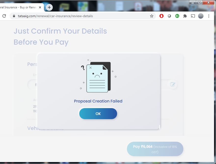 FEBS4's tweet photo. @TATAAIGIndia @TATAAIGIndia I did receive a reply for the renewal issue with my policy 01601913152, the renewal link is now functional but now I am getting another error as attached, this is frustrating. It takes forever to even renew your policy, Whats wrong now? https://t.co/CficYm7J5H