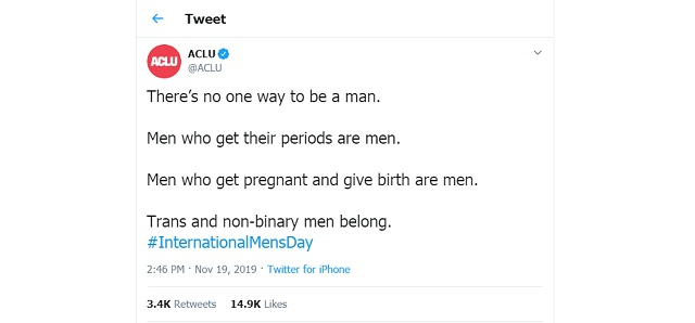 8/ You see this when they talk about gender. They will say men can give birth and men can have a periods, because in their heads objectivity doesn't exist and the categories of male and female don't exist in reality, and are made up by the patriarchy to control peoples bodies: