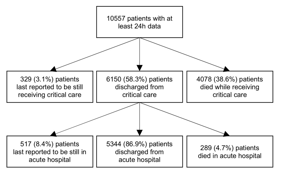 The definitive numbers on outcomes in critical care come courtesy of these authoritative reports from  @ICNARC. And if you look at the proportion of  #COVID19 patients who die in ICU vs those discharged, this is what you get: 38.6% died  https://www.icnarc.org/DataServices/Attachments/Download/af7be2d4-bdcd-ea11-9127-00505601089b