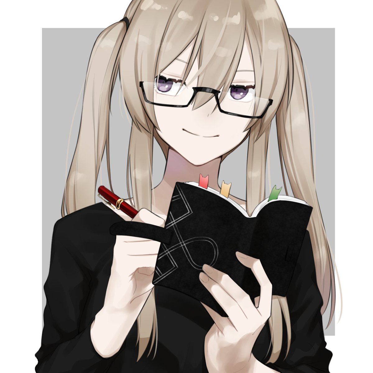 graf zeppelin (kancolle) 1girl solo twintails book glasses holding smile  illustration images