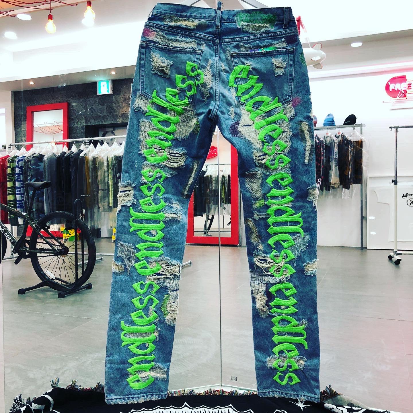 Vlone X Endless Embroidered And Distressed Denim Jeans Neon Green ...