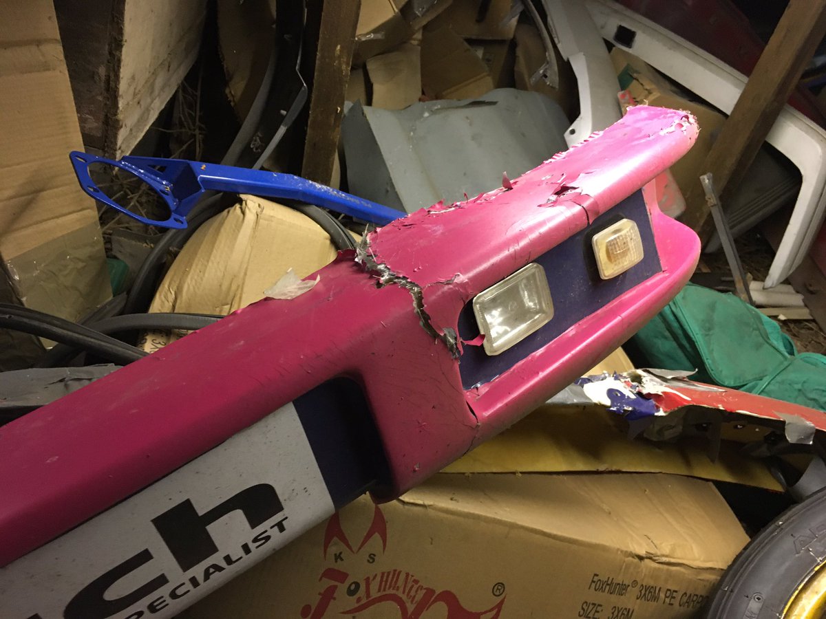 2016 924 bumper from the  @T8Racing era. Honestly not 100% sure when this got damaged, could have been at Donington when  @gavinjohnson09 got wiped out by another car. Looked repairable but fibreglass bumpers were easily obtained and didn’t seem worth it. Replaced with...