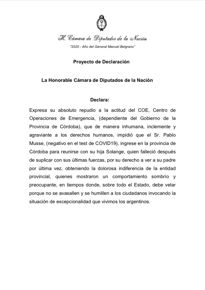 DiegoMMestre's tweet photo. Mis condolencias a la flia de #Solange por esta pérdida irreparable . El actuar del COE Cba es totalmente repudiable. Por eso presente este nvo proyecto en @DiputadosAR . Semejante ausencia de humanidad en los funcionarios dice mucho de quienes están a cargo de tomar desiciones. https://t.co/cQWrxmJLUD